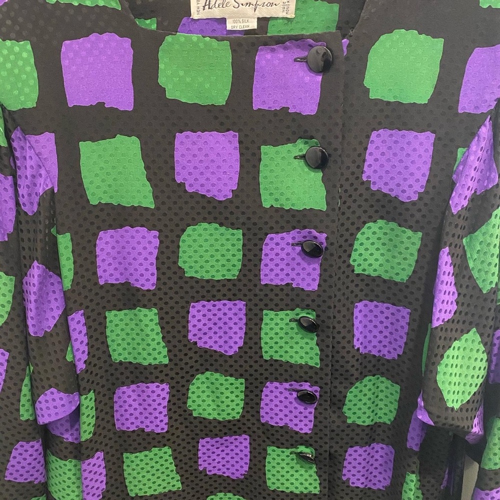 Vintage 80s Green and Purple and Black Silk Dress